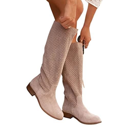 Image of Generisch Women's Winter Khaki Comfortable Low Heel Round Toe Perforated Suede Boots, khaki, 8 UK