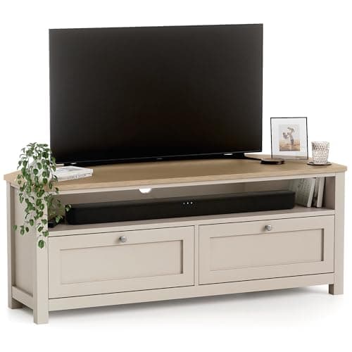 Image of CHRISTOW Corner TV Unit with Storage & Oak-Effect Top, Modern Television Stand with 2 Drawers & Open Shelf, Space-Saving MDF Media Cabinet for Living Room, Matte Painted – Pebble, H45 x W115 x D45cm