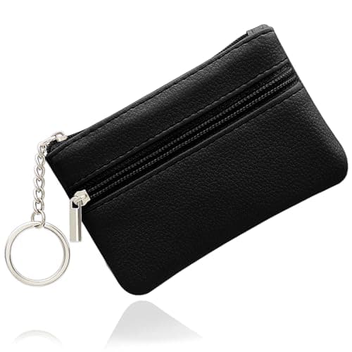 Image of SENLINLU Small Coin Purse, Black, Women's Minimalist Genuine Leather Wallet with 2 Compartments & Keychain