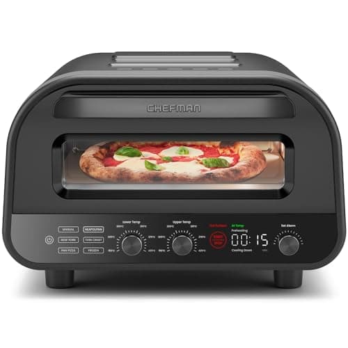 Image of CHEFMAN Electric Indoor Pizza Oven, 30cm Portable Kitchen Countertop Pizza Maker with Neapolitan, New York Style, Thin-Crust, Pan Presets, Stone, Peel, Brush, Storage Cover, Cookbook Included, Black
