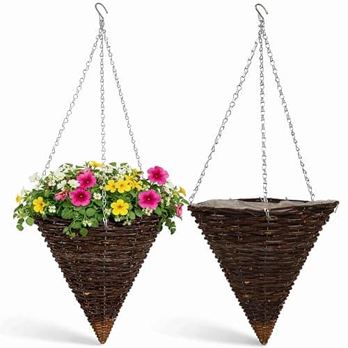 Image of ADEPTNA Set of 2 Cone Garden Hanging Baskets 14 Inches - Natural Basket Hanging Plants Wall Flower Planter Pot with Detachable Hanging Chain for Home Garden Decoration (14" RATTAN BASKETS)