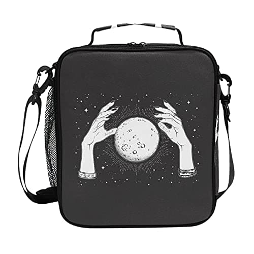 Image of Black White Full Moon with Rays in the Hands of Fortune Teller Lunch Bags Lunch Cooler Bag, Crossbody Insulated Lunch Box, Reusable Tote Shoulder Bag for Outdoor Picnic Travel Work School