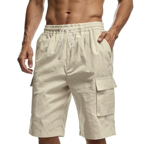 Image of ADUDVLO Men’s Linen Shorts with 4 Pockets, Elasticated Waist with Drawstring – Casual Mens Short Shorts for Summer (UK, Alpha, M, Regular, Regular, Light Khaki)