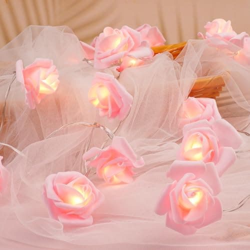 Image of OSDUE Rose Fairy String Lights, 20 PCS LED Rose Fairy Light Battery Powered Bedroom Lights for Valentine's Day Wedding Outdoor Girls Bedroom Mother's Day Birthday Party Decorations, Pink