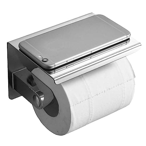 Image of LSLANSOON Toilet Paper Holder with Phone Shelf, Wall Mounted Stainless Steel Tissue Dispenser for Bathroom (Single Roll-Silver)