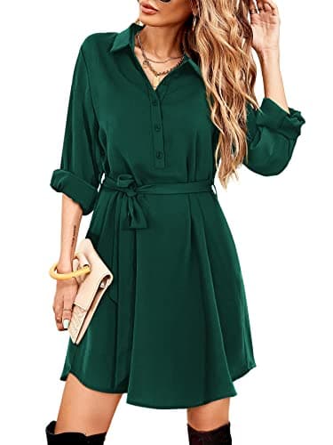 Image of Beluring Womens Long Sleeve Dresses Casual V Neck Shirt Dress Dark Green Size 8 10
