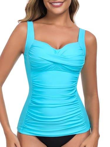 Image of Ocean Blues Women's Sky Blue V-Neck Tankini Top Twist Front Ruched Tummy Control Swimwear Size Medium