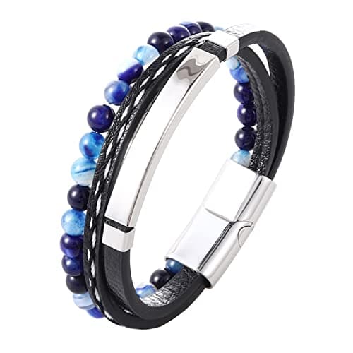 Image of WKXCTS bracelet Engraved Men Leather Bracelet Yellow Tiger Eye Stone Beads Jewelry Gifts For Boyfriend Girlfriend leather (Length : 22cm, Metal Color : Blue Silver)