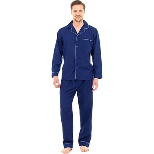 Image of Mens Pyjama Set –Soft Cotton Traditional 2 Piece Pjs Classic Button Down Nightwear Long Sleeve Top & Elastic Waist Bottoms | Sleepwear & Loungewear with Chest Pocket- Navy XL