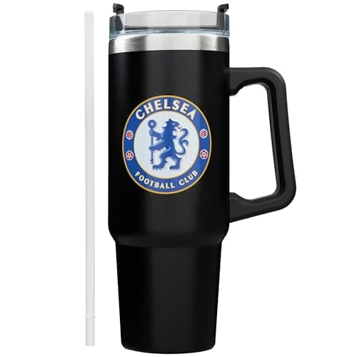 Image of Get Trend Chelsea FC Insulated Tumbler 850ml, Stainless Steel Water Bottle with Straw & Handle, Cold for 12H Hot for 8H, Leakproof Travel Coffee Mug Drinks Bottle, Football Gifts (Black Chelsea)