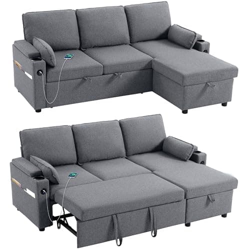 Image of HOMCOM Corner Sofa Bed, L Shaped Sleeper Sectional Sofa with Reversible Storage Chaise, 3 Seater Convertible Pull Out Sofa Bed with Spring Seat, USB Ports, Cup Holders, Pillows for Living Room, Grey