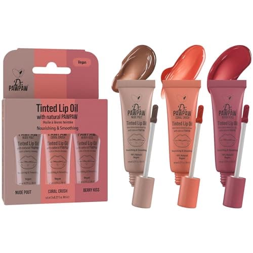 Image of Dr.PAWPAW Tinted Lip Oil Trio Pack 3 x 8ml, Lightweight Hydrating Lip Oils with Sheer Tint, Vegan Glossy Finish for Soft Nourished Lips, Everyday Lip Care Set
