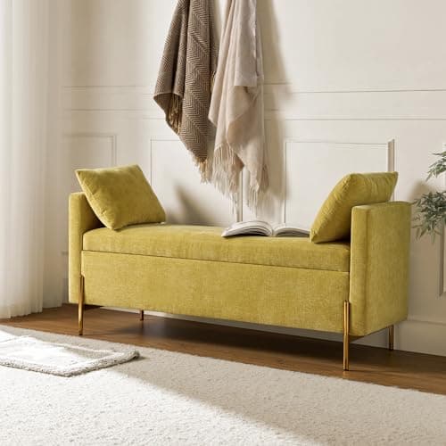 Image of HULALA HOME Modern Storage Bench Ottoman with Arms & Metal Legs, Chenille Fabric and Upholstered Cushioned Adjustable Subdivided Box for Entryway Bedroom Living Room, MUSTARD