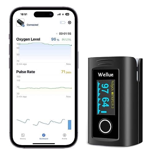 Image of ViATOM Bluetooth Pulse Oximeter Approved UK Built-in Offline Storage, Oxygen Monitor finger Adults for Heart Rate Blood Oxygen Saturation Includes Carrycase and Lanyard, Free APP