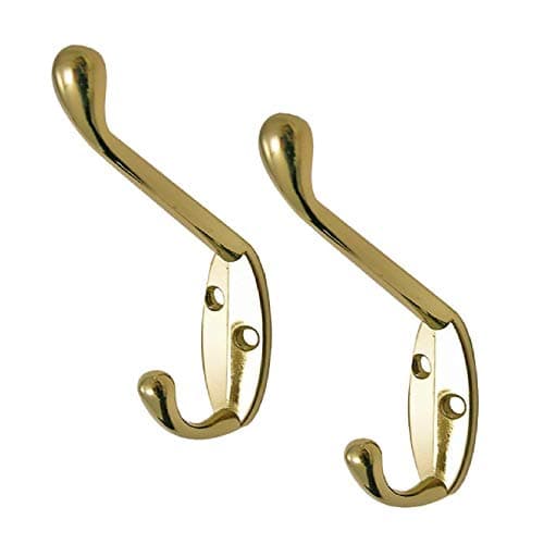 Image of 5 x Polished Brass Metal Double Hat & Coat Hooks, Door & Wall Robe Dress Hangers