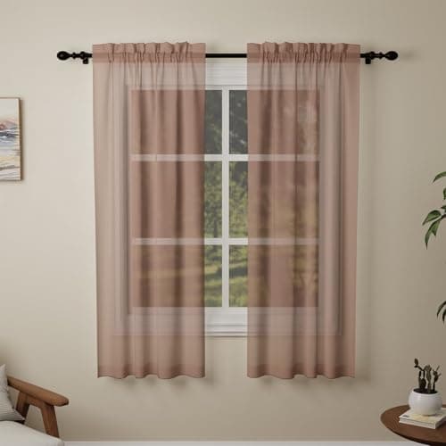 Image of Pacok Mocha Voile Curtains, 72 Drop 2 Panel Net Curtain for Windows, Rod Pocket Sheer Curtain Panel Voile Curtains for Living Room Kitcken Bedroom W56xL72 Inch(Mocha,142 x 183cm)