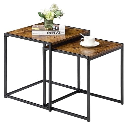 Image of Vida Designs Brooklyn Nest of Tables 2 Piece Set Coffee Side End Tables Industrial Rustic Living Room Furniture (Dark Wood)