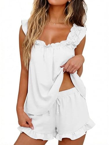 Image of Famulily Women’s Ruffle Co Ord Set Two Piece Pyjama Sets Flowy Sleeveless Vest & Plain Shorts with Drawstring White S