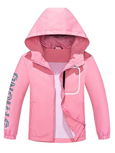 Image of ALXHUTE Boys Girls Waterproof Rain Jacket, Kids Lightweight Raincoat Windbreaker with Hood Pink UK:15-16 Years (manufacturers's size: 170)