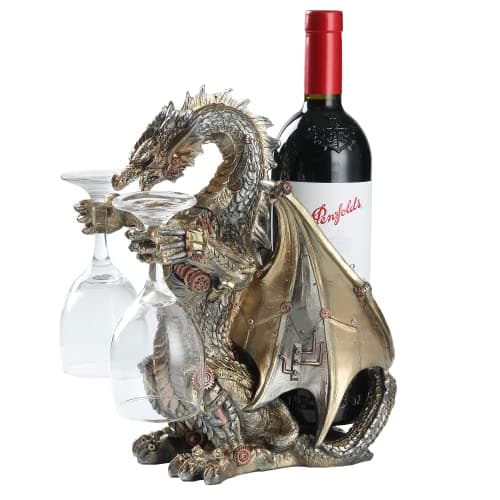 Image of HEINBOW Steampunk Dragon Wine Bottle Wine Holder Statue with Two Wine Glasses Holder Wine Rack Gothic Decor Metallic Look for Home Man Cave Decor Gifts for Men 11.6''High