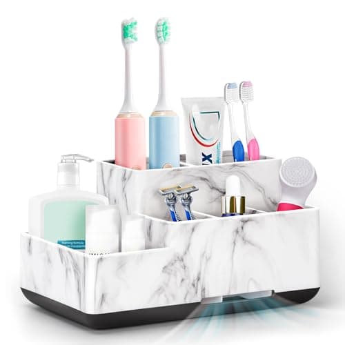 Image of Toothbrush Holder,Bathroom Organizer Countertop, 5 Compartments Multifunctional Storage for Cosmetic, Makeup, Office Stationery Pencil,Toothpaste, Toothbrush for Home, Office