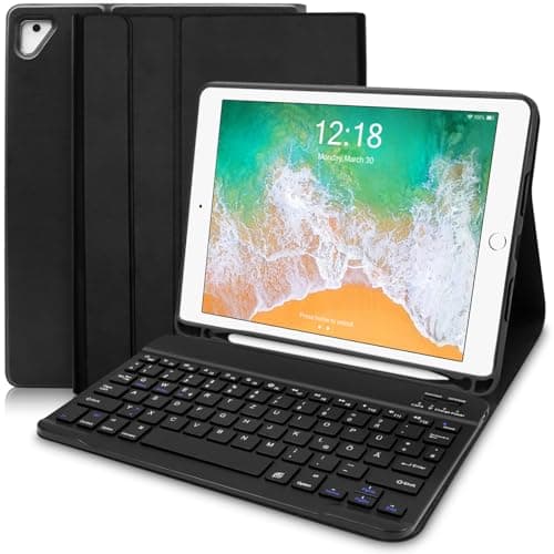 Image of YUEJIDZ Keyboard Case for iPad 9.7,Leather Cover for ipad 6th Generation 2018/5th Gen 2017/Pro 9.7/iPad Air 2/ Air 1- with Pencil Holder and Bluetooth Detachable Keyboard(UK layout),Black