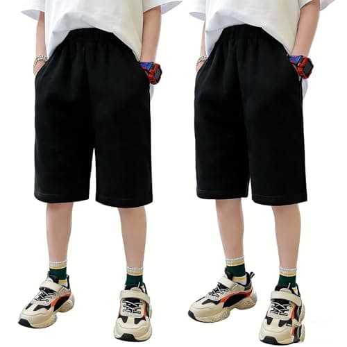 Image of JZMHRS Kids Jersey Shorts Set of 2 Boys Girls Summer Casual Jogger Shorts Boys Summer School Gym Football Cycling Shorts Black+ Black 8-9 Years
