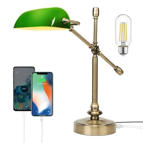 Image of FIRVRE Touch Table Lamps with Dimmer, Green Bankers Desk Lamp with 2 USB Charging Port, Vintage Office Desk Lamp with Adjustable Arm for Home Office Library
