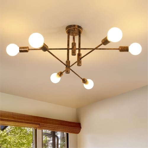 Image of Comely Vintage Sputnik Chandelier Ceiling Light, 6 Lights Semi Flush Mount Ceiling Lamp, E27 Ceiling Lighting for Living Room Bedroom Dining Room Hallway, Bronze