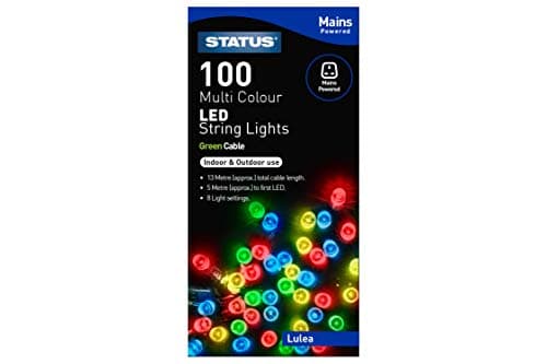 Image of Status 100 LED Multi-Colour String Lights, 8m lit on 13m Cable with 5m Lead, Mains-Powered IP44 Indoor & Outdoor Party Chain, Green Wire (LULEA100MMC6)
