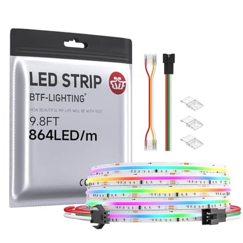 Image of BTF-LIGHTING FCOB COB RGB WS2811 IC Addressable LED Strip DC24V 3m 864LEDs/M 12mm White PCB Chasing Colour Flexible High Density LED Rope IP30 Non Waterproof for Indoor Decoration(Only LED Strip)