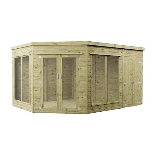 Image of WALTONS | Wooden Corner Summerhouse with Side Shed | Shiplap Tongue & Groove | Garden Room | Flat Roof | Double Door | Outdoor Sun Room | 10 Year Anti Rot Guarantee | (13ft x 9ft)