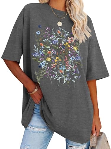 Image of Dresswel Oversized T Shirts for Women Wildflowers Floral Graphic Print Tshirt Womens Crew Neck Short Sleeve Oversize Loose Tees Summer Tops