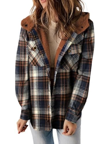 Image of KIKIATA Women's Plaid Print Button Front Hooded Coat, Flannel Shacket Jacket Long Sleeve Button Down Fleece Hooded Jackets Warm Fall Winter Coat Casual Work(Dark Blue,M)