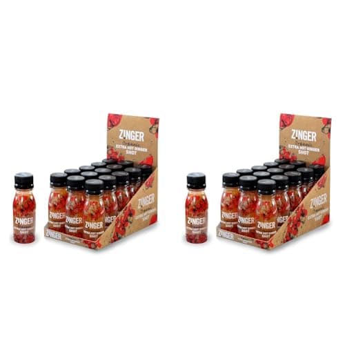 Image of Zinger extra hot ginger shot (Pack of 30 x 70ml). Organic plant based shot with 27.9g of pressed ginger juice. Natural kick in a pocket-sized format with no added sugar.