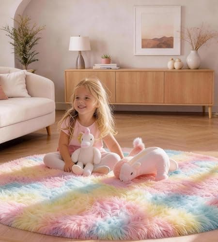 Image of MARATIP Round Rug 100 x 100 cm Rainbow Washable Anti Slip Fluffy Shaggy Rugs