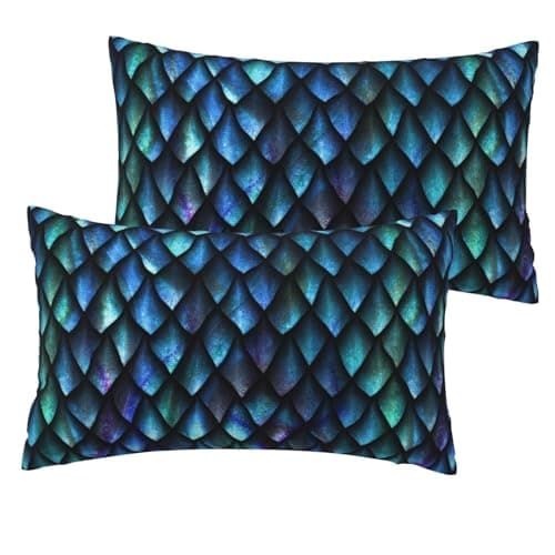 Image of Dragon Scale Blue Green Set Of 2 Faux Linen Lumbar Cushion Covers 12x20in Printed Decorative Throw Cases