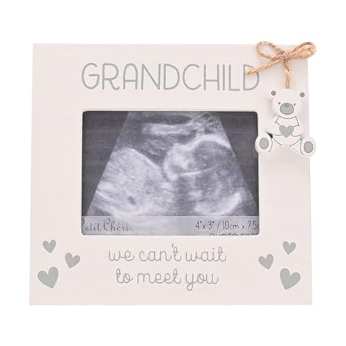 Image of Widdop and Co Grandchild Baby Scan Photo Frame - Picture Frame for Grandparents - 'We Can't Wait To Meet You’ - White with Grey Hearts & Hanging Bear Charm 4" x 3'' - Sentimental Mememto Gift