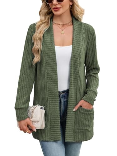 Image of iChunhua Long Cardigan for Women, Ribbed Knit Comfy Longline Lightweight Open Front Outerwear Tops with Pockets (Army Green, X-Large)