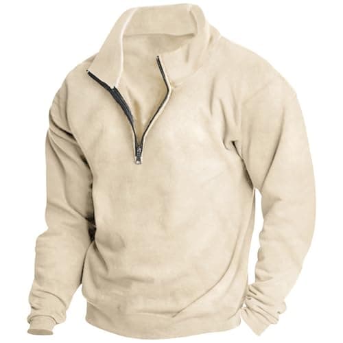 Image of Men's Quarter-Zip Sweatshirts 1/4 Zipper Fleece Pullover Casual Work Wear Sweatshirts Zip Neck Fleece Jumpers Top Loose Fit Long Sleeve Sweatshirts No Hood Stand Collar Solid Color Sweatshirt Beige
