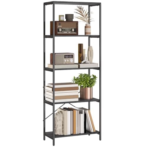 Image of HOMCOM 5-Tier Bookshelf, Industrial Bookcase, Floor Standing Book Shelf with Metal Frame, Wide Storage Rack for Living Room, Home Office and Bedroom, 79 x 35 x 161 cm, Dark Grey and Black