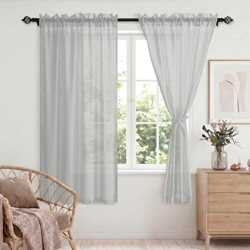 Image of DWCN Grey Voile Curtains 54 Drop Pair Slot Top Window Net Curtain Light Filtering Semi Transparent Elegant Soft Sheer Curtains with Tiebacks for Living Room/Bedroom/Kitchen,56 Inch Wide,2 Panels
