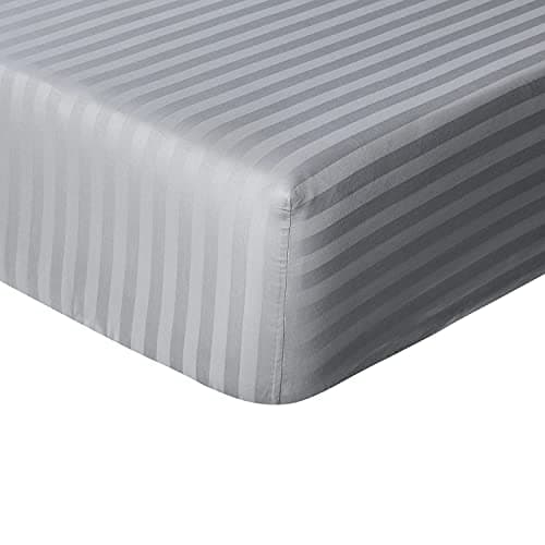 Image of Sleepdown Hotel Quality Fitted Sheet 100% Cotton Satin Stripe Warm Cosy Breathable Super Soft Bedsheet Bed Linen Easy Care 32cm Extra Deep Pockets - Grey - King (5056557514052)