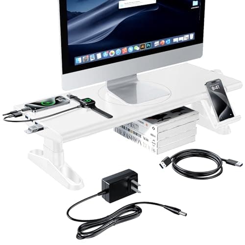 Image of Computer Monitor Stand Riser for Desk with Usb Hub Charging,30W/5Gbps Usb C Docking Station with Power,4.4-5.7'' Height Adjustable with Phone Holder,Monitor Stands Riser for PC,Laptop,Printer(White)