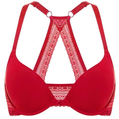 Image of DOBREVA Women's Push Up Bra Front Fastening Bras T Shirt Racer Back Padded Underwired Plunge Bra Lipstick Red 36B