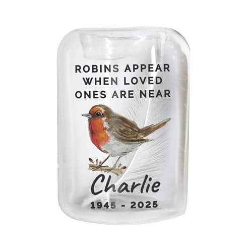 Image of Personalised Robins Appear Glass Tea light Holder White Feather Memorial Remembrance tealight holder