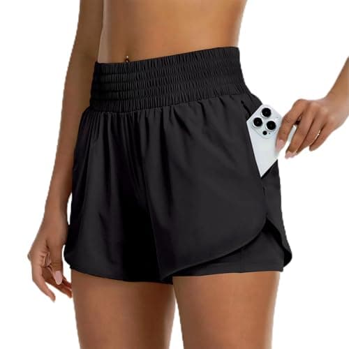 Image of Dreaku Womens 2 in 1 Running Shorts with Pockets, High Waisted Ladies Gym Shorts, Lightweight Women's Sport Activewear for Running, Hiking, Workout &Training (UK, Alpha, M, Regular, Regular, Black)