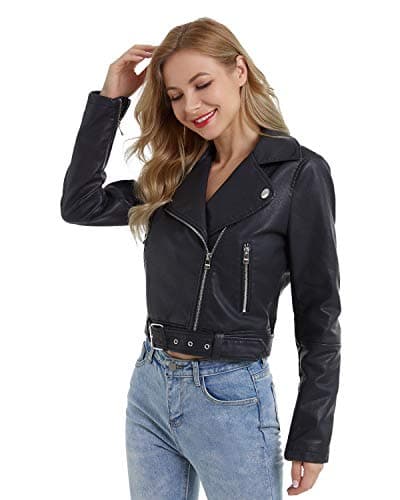 Image of DIASHINY Black Faux Leather Jacket For Women With Belt PU Cropped Moto Biker Coat Motorcycle Crop Short Jacket 036 M