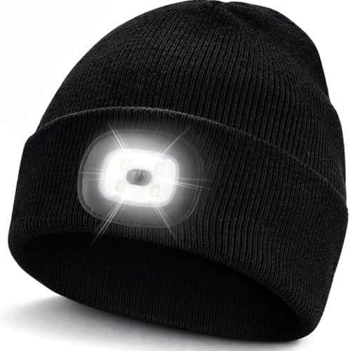 Image of Navoys Headlight Beanie Hat - USB Rechargeable, Unisex, Winter Headlamp, 3 Brightness Settings 40/60/120 Lumens, Head Torch for Men and Women, Runners Walkers Tradesmen, Hiking Accessories (Black)