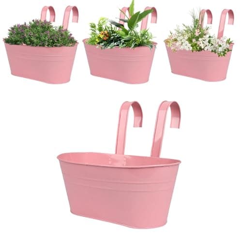 Image of Hanging Flower Pots,Large Plant Pot Hanging Bucket Pots with Detachable Hooks,Hanging Flower Metal Bucket Indoor&Outdoor,Hanging Planters for Balcony Garden Home Decor (Pink, With Hook)